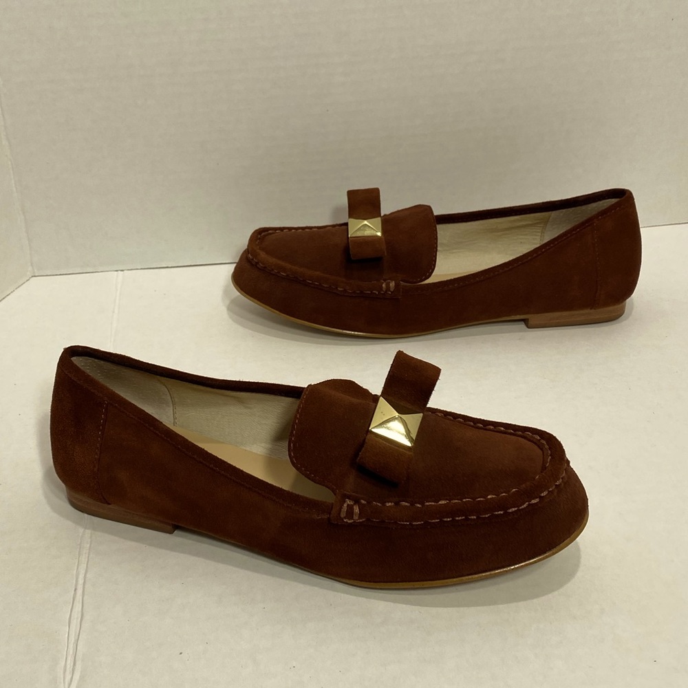 Kate Spade Brown Suede Loafers with Gold-Tone Bow Accent Size 7